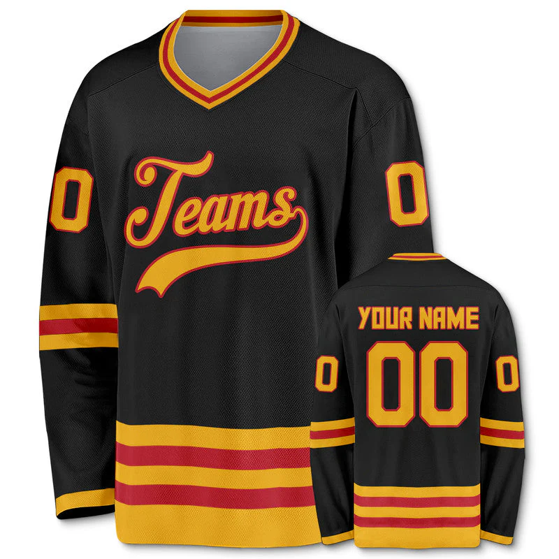 Custom Black Old Gold-Red Authentic Hockey Jersey